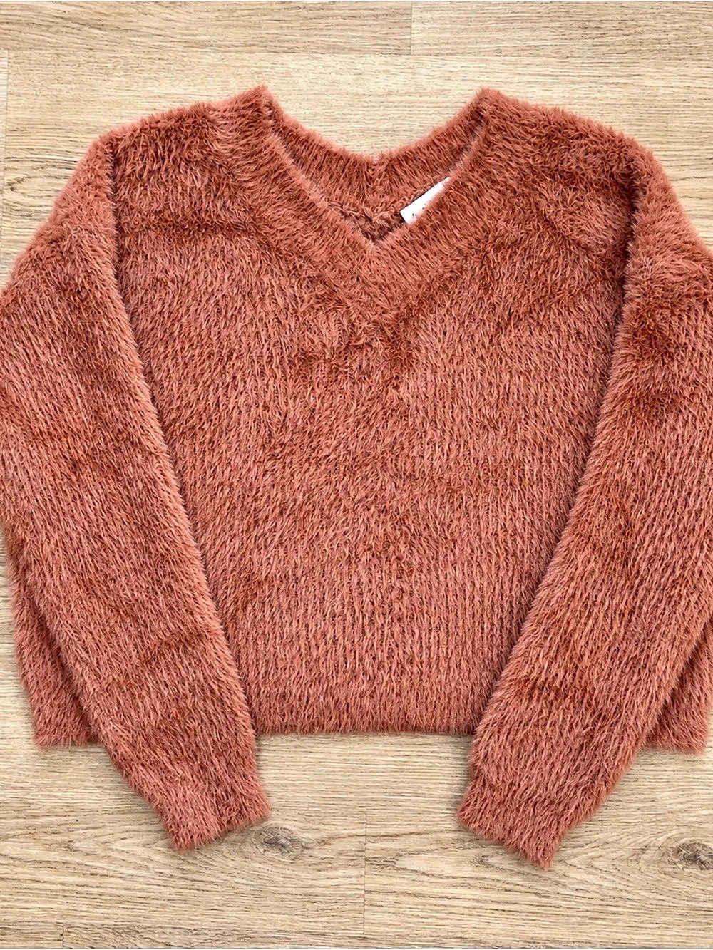 She + Sky Fuzzy V-Neck Sweater in Orange Large